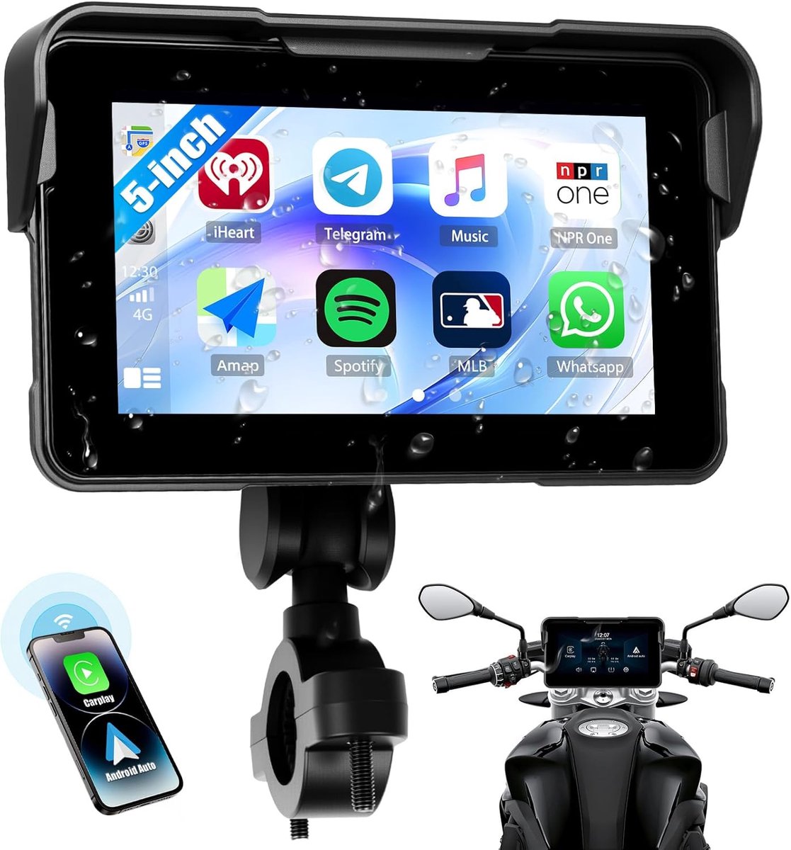 Motorfiets navigatiescherm 5 inch - Draadloze Carplay en Android Auto - IP68 waterdicht - Navigatie en muziekbediening - ShopVlot