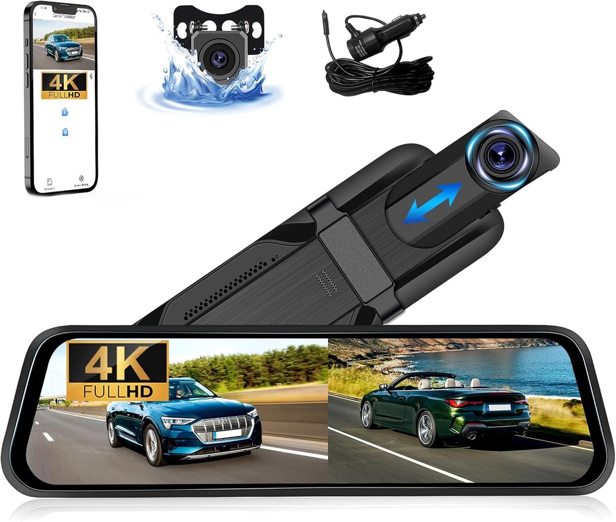 Dashcam 4K 9.66" Spiegel - Voor- en Achtercamera 1080P - ADAS en BSD - Verbeterde veiligheid tijdens het rijden - ShopVlot