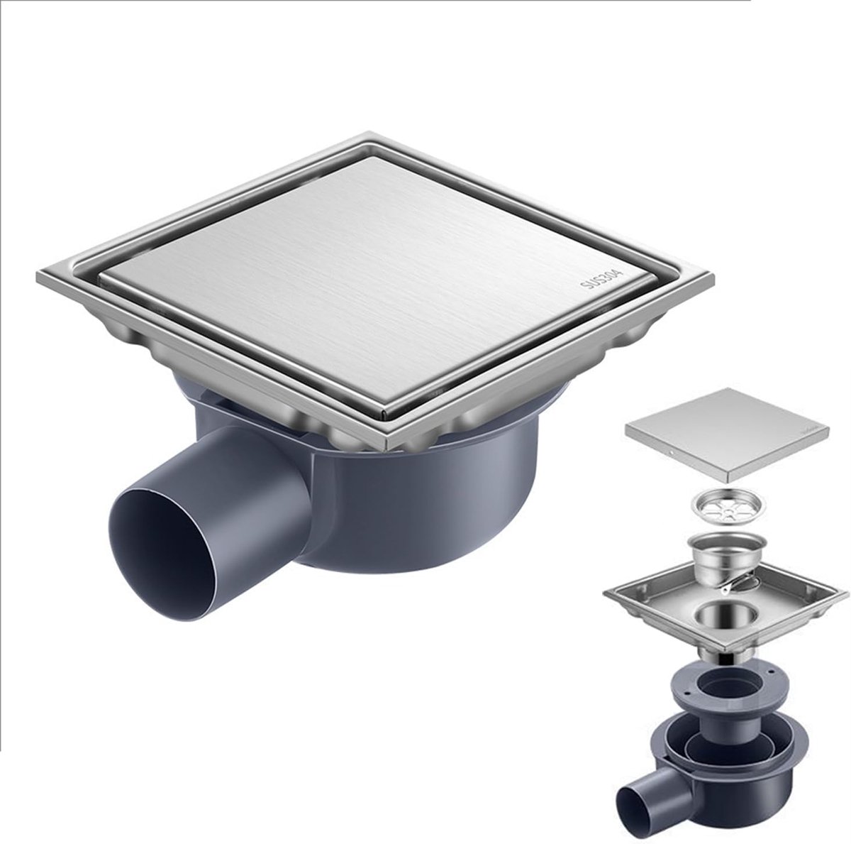 Doucheafvoer vierkant 15 x 15 cm - RVS en ABS - 360° sifon met geurfilter en haarfilter - ShopVlot