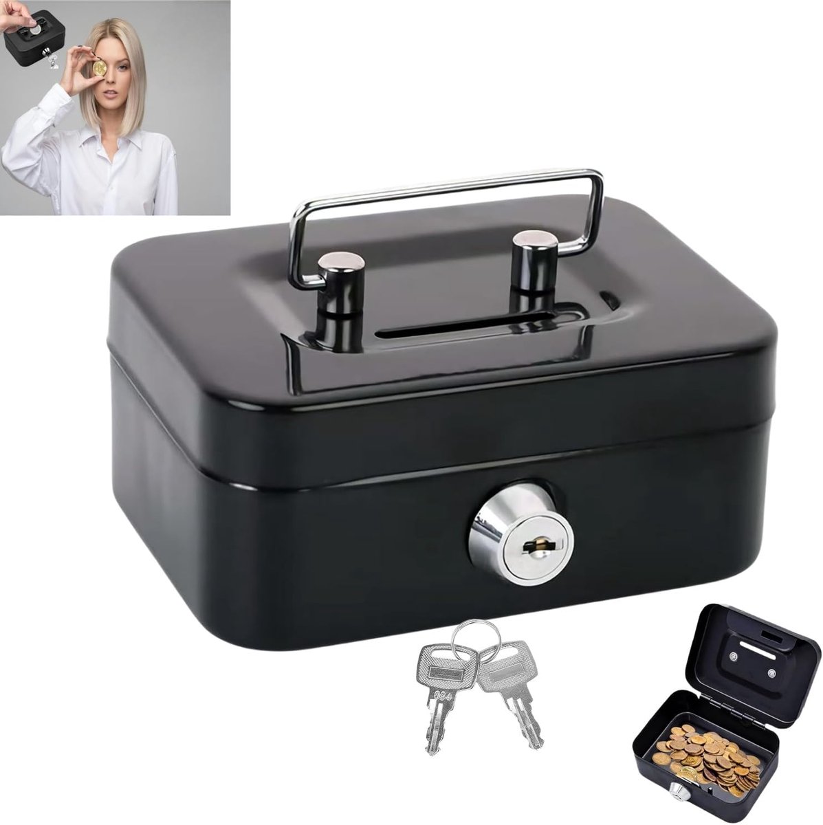 Small Money Cassette with Key, Portable Cash Register, Metal Money Box, Lockable Money Cassette for Home, Office and - ShopVlot