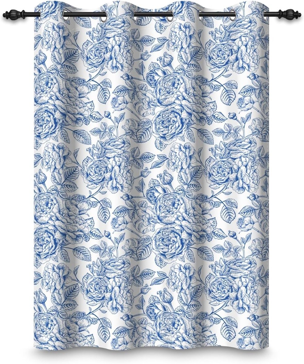 135x245cm Blackout Curtain Flowers Blue Roses Flower Pattern Retro Painting Curtains Eyelets Thermal Insulation - ShopVlot