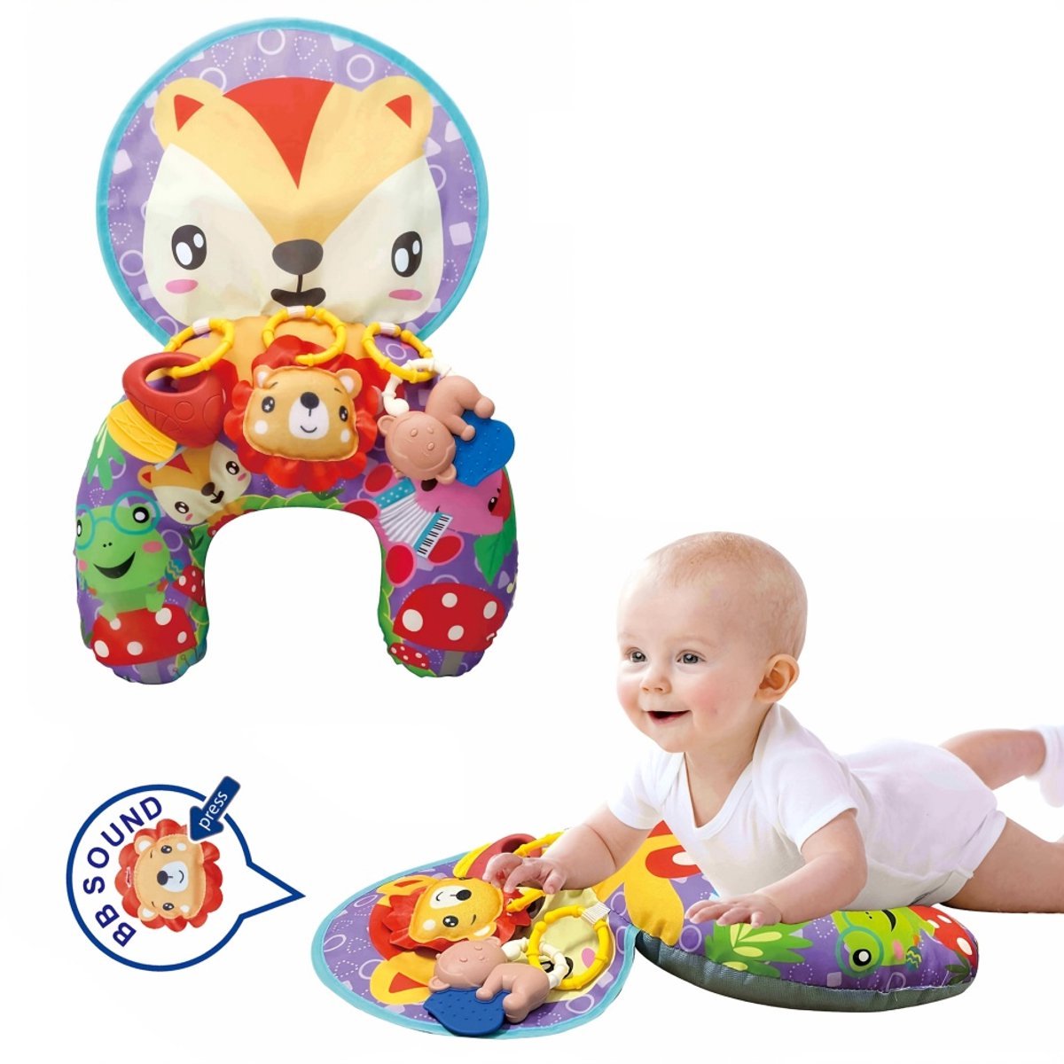 Casalora - U-vormig baby-buikkussen om te leren buikliggen en te oefenen - Babykussen - Geschikt voor baby's van 6-12 maanden - Speelgoed voor vroege educatie - Versterk de zintuigen van de baby - Interactief speelgoed - Rammelaar - Vos-stijl