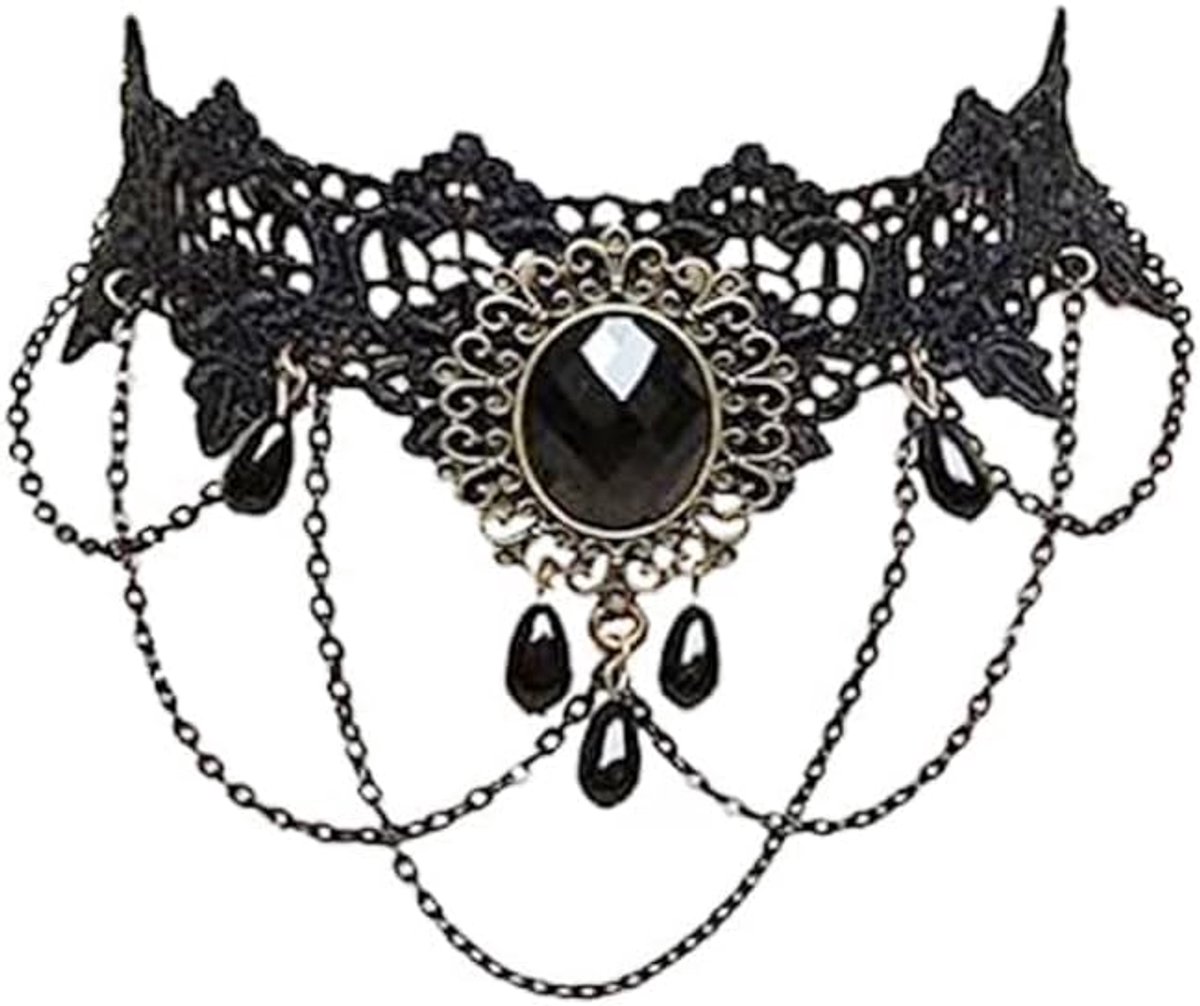Kraag Choker Natuursteen - Zwart Kant - Gothic Style - Perfect voor Halloween - ShopVlot