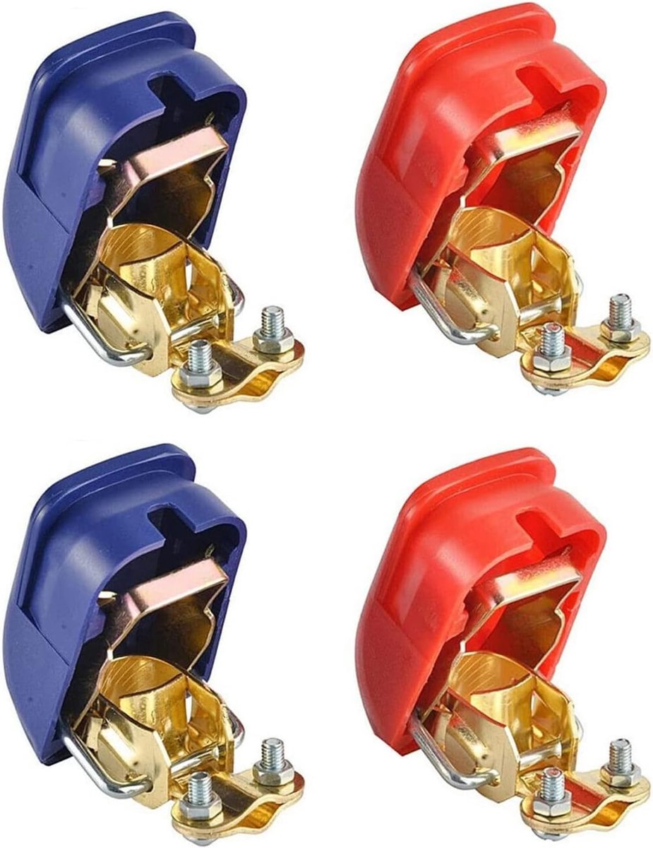 Accuklemmen set - 2 paar - snelontkoppelbaar 12 V - met rode en blauwe deksels - voor auto, motor, vrachtwagen, boot - ShopVlot