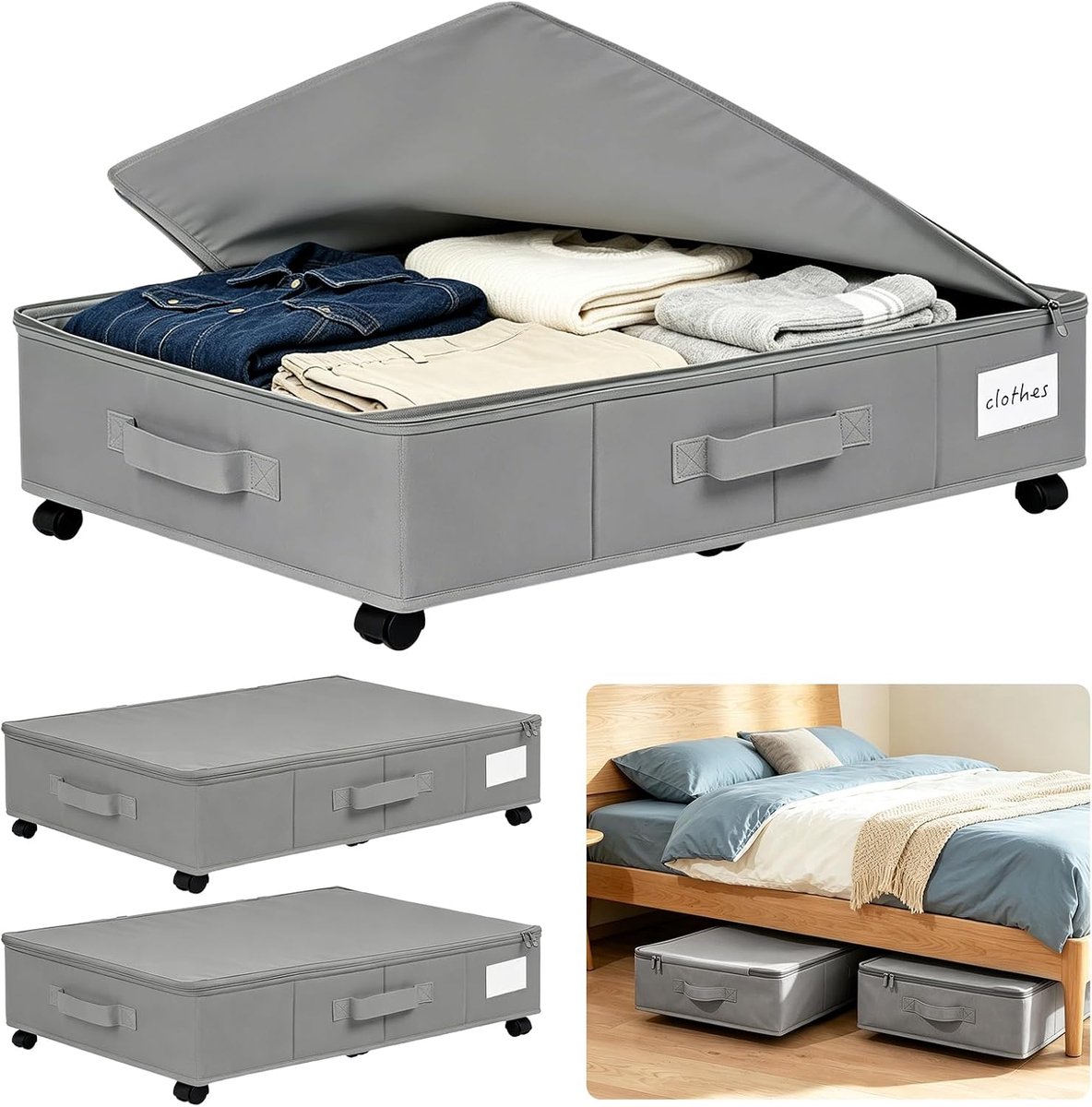 Onderbedcommode met wielen 2 stuks - opvouwbaar grijs - 360° rotatie - ideale opbergruimte onder bed - ShopVlot