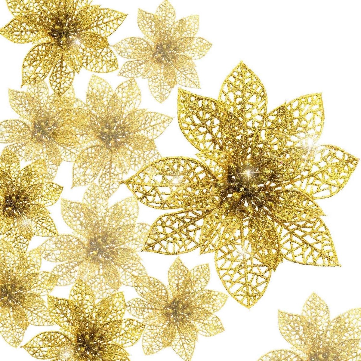Kerstbloemen Glitter 30pcs - Kunststof - Goudkleurig - Perfecte kerstboomdecoratie - ShopVlot