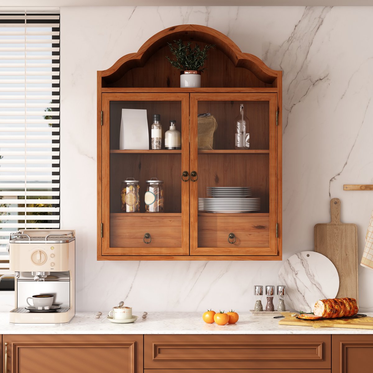 MIVRAY Wandkast - Retro Opbergkast Met Glazen Deuren En 2 Laden - Voor Keuken Badkamer Eetkamer En Woonkamer - Hout En Glas - Bruin - 60x22x76,5 Cm