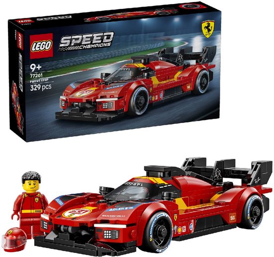 Voiture de course LEGO Speed Champions Ferrari 499P rouge avec accents jaunes et aileron noir. Inclut une figurine.