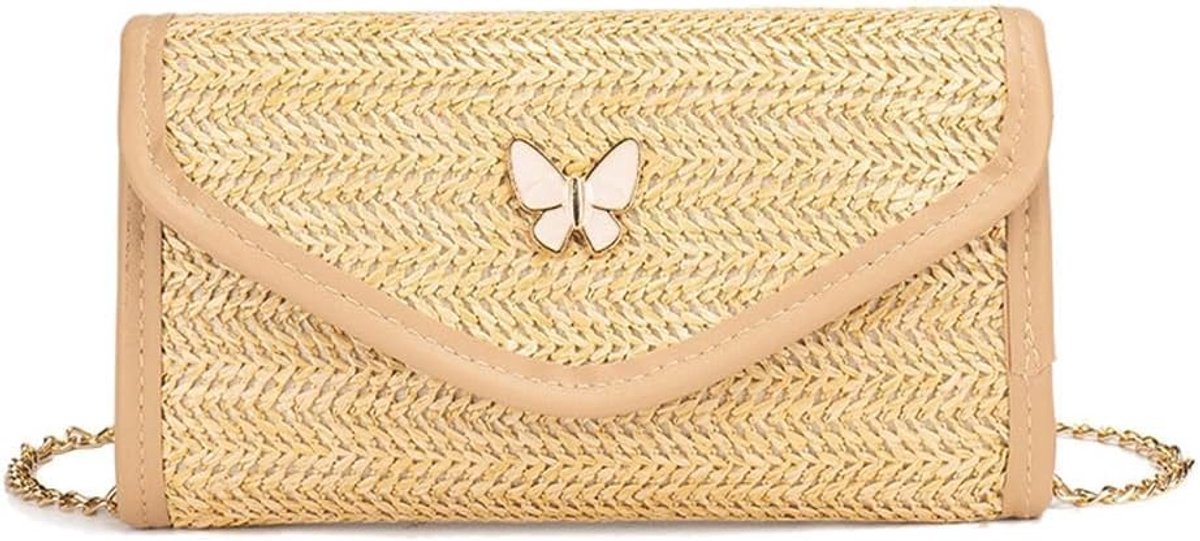 Schoudertas Dames - Geweven Stro - Clutch met Vlindersluiting - Ideaal voor Strand en Feest - ShopVlot