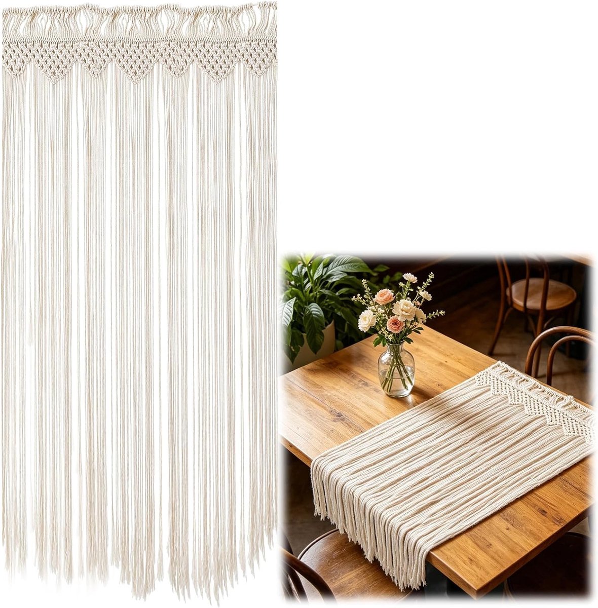 Macramégordijn 90 x 180 cm - Beige katoen - Handgemaakt deurgordijn - Boho stijl voor woonkamer - ShopVlot