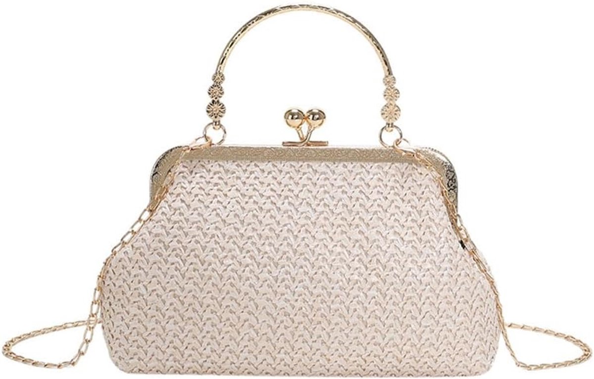 Dames Clutch Tas - Wit Gevlochten Strolook - Met Knipsluiting - Elegante Handtas voor Avonden - ShopVlot