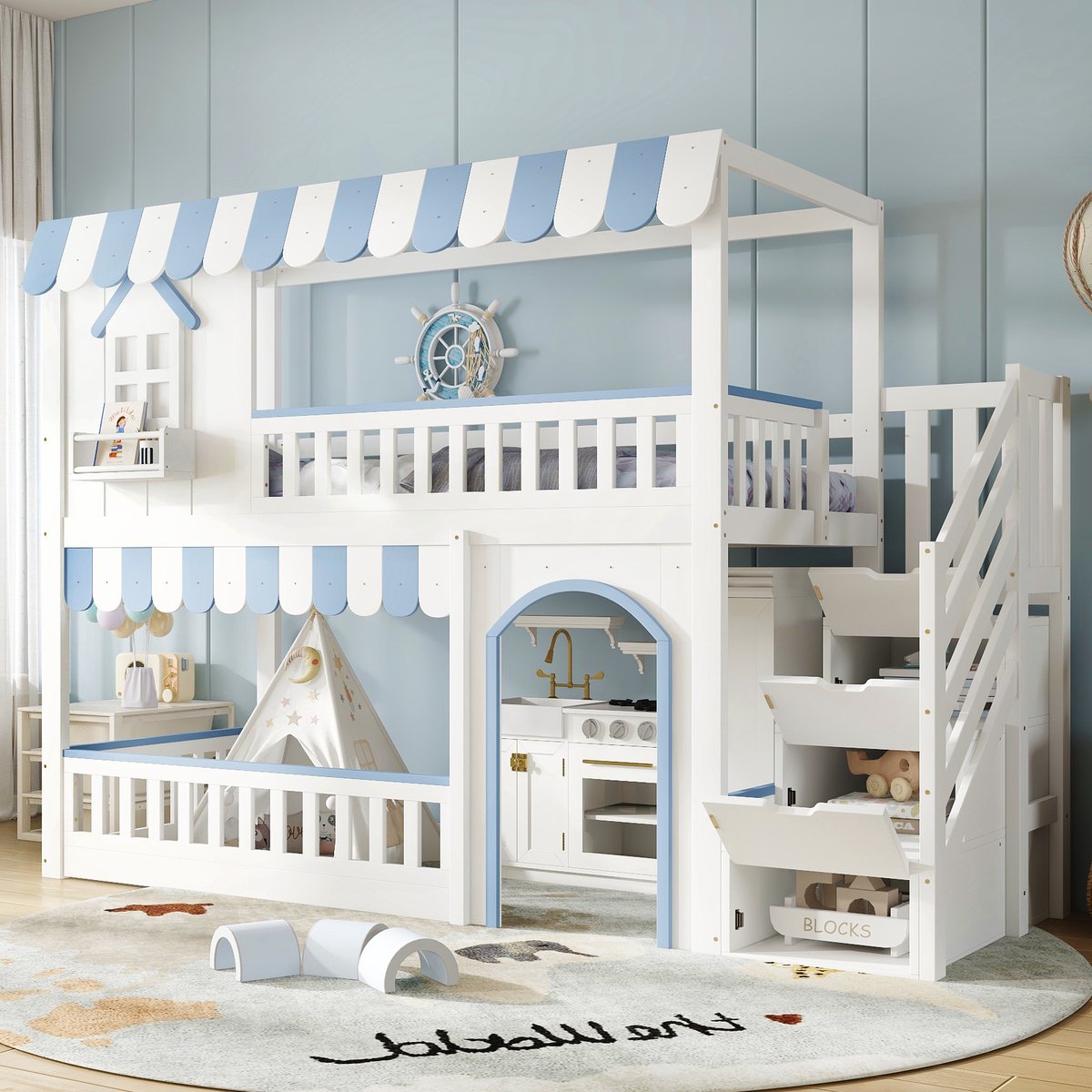 REDOM - Stapelbed kinderbed - Treppenopbergruimte en uitvalbeveiliging - Lattenbodem - Hout en MDF - Kinderkamer - Wit en Blauw - 252,5 x 104 x 170 cm