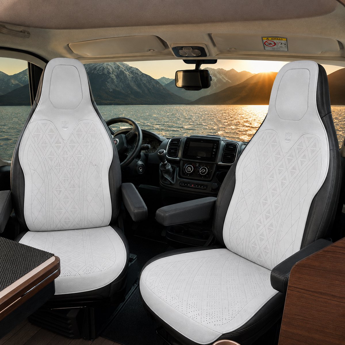 AIM Camperstoelbeschermer – Luxe PU Imitatieleer Zit- en Rugkussen - Set van 2 – Fiat Doblo camper – Airbag Compatibel - SCB - Wit