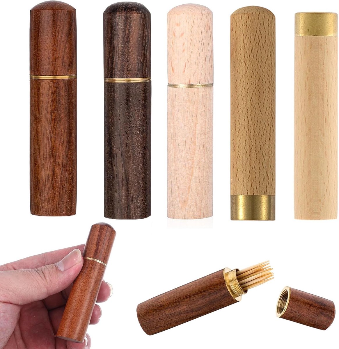 Tandenstoker Houder Houten - Compact 8,5x1,8 cm - 5-delige Set - Ideaal voor Op Reis - ShopVlot