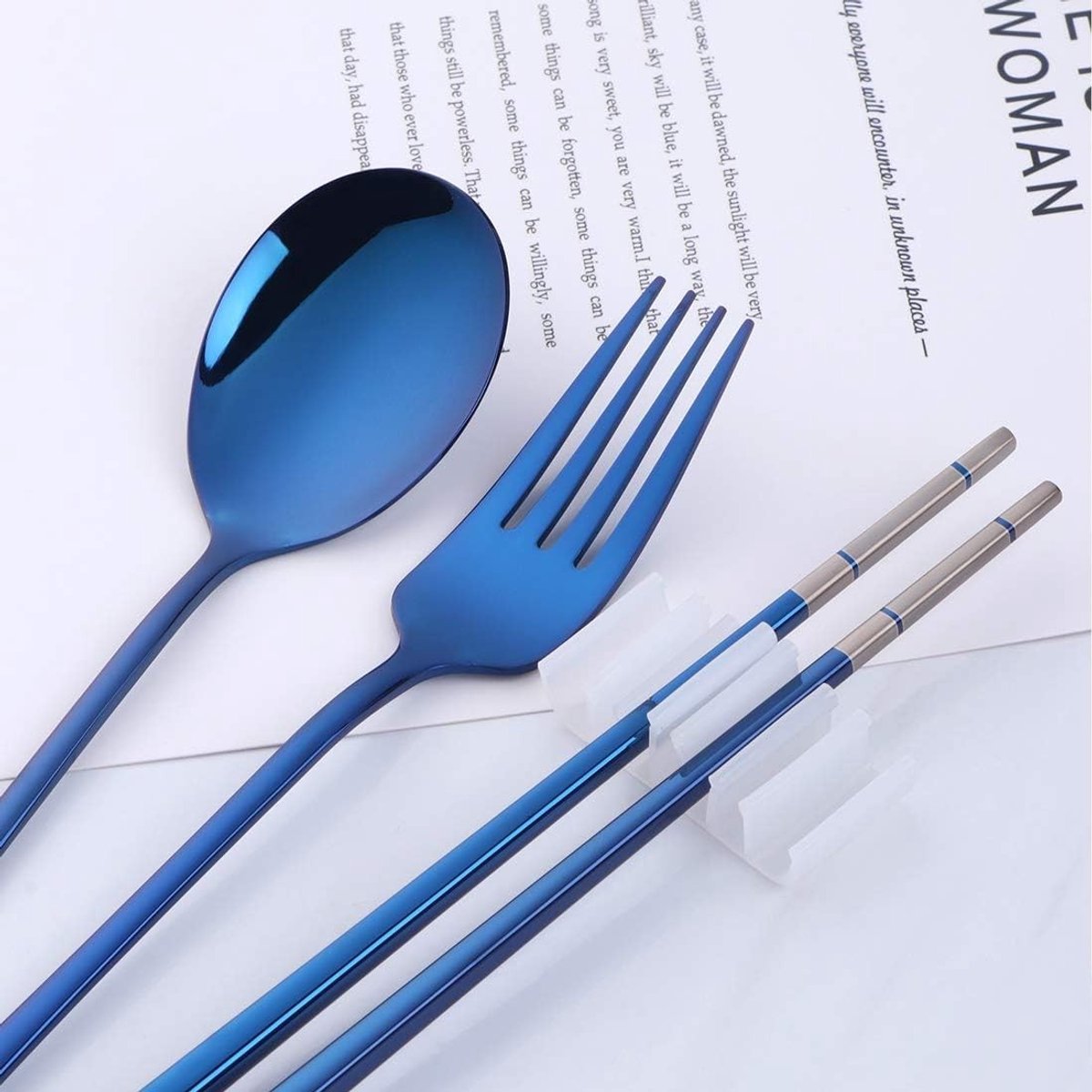 Draagbare Outdoor Reisbestek Set - Blauw - Voor 1 Persoon - Roestvrij Staal met Tarwedoos - Voor Camping en Picknick