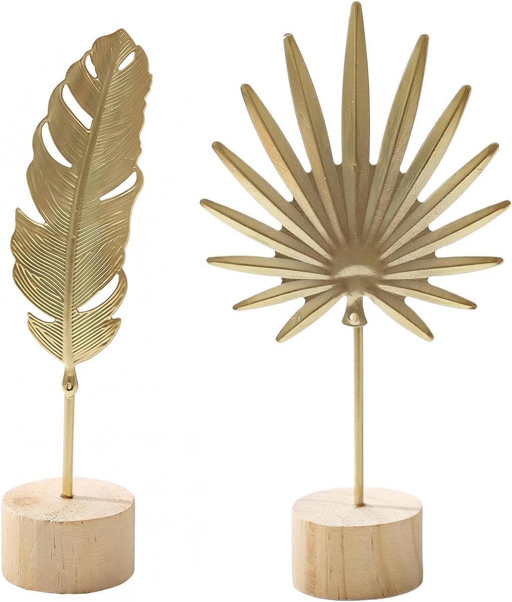 Beeldjesset gouden veer en blad - ijzeren kunst - moderne afwerking - decoratie voor woonkamer - ShopVlot