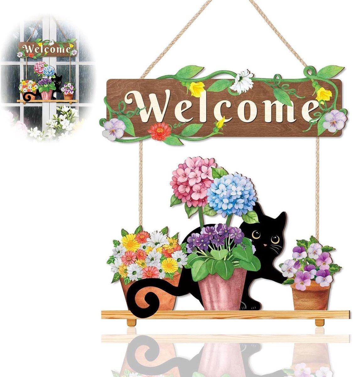 Welkomstbord voor huisdeur 29 x 20 cm - houten decoratie - schattige zwarte kat - vrolijke lentedecoratie - ShopVlot