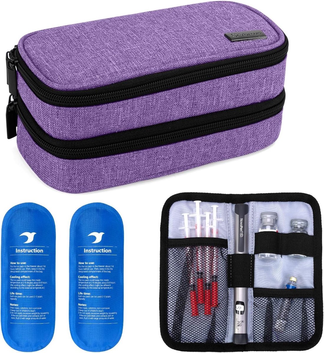 Koeltas voor Insuline, Diabetes Accessoires en Injectieopslag met 2 Koelelementen, Paars | Inclusief geïsoleerde binnenvoering, waterafstotend nylon en karabijnhaak voor diabetici