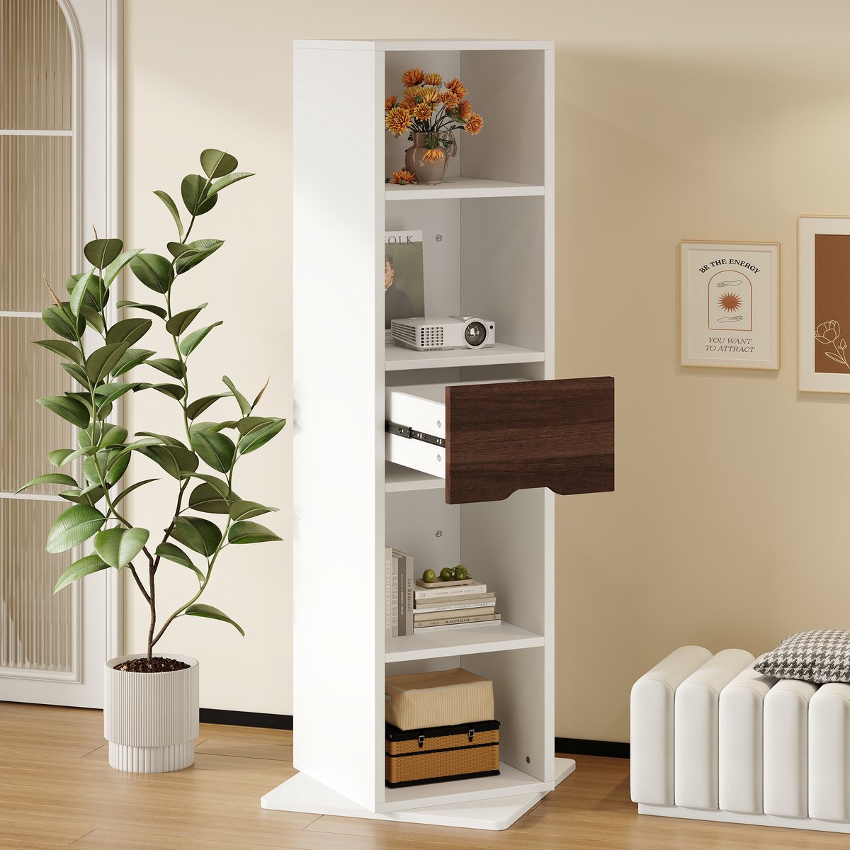 OKWISH Kast - Draaibare Presentatiekast Met Passpiegel En 1 Lade - Voor Hal Slaapkamer Of Woonkamer - MDF Wit - 45x45x168 Cm