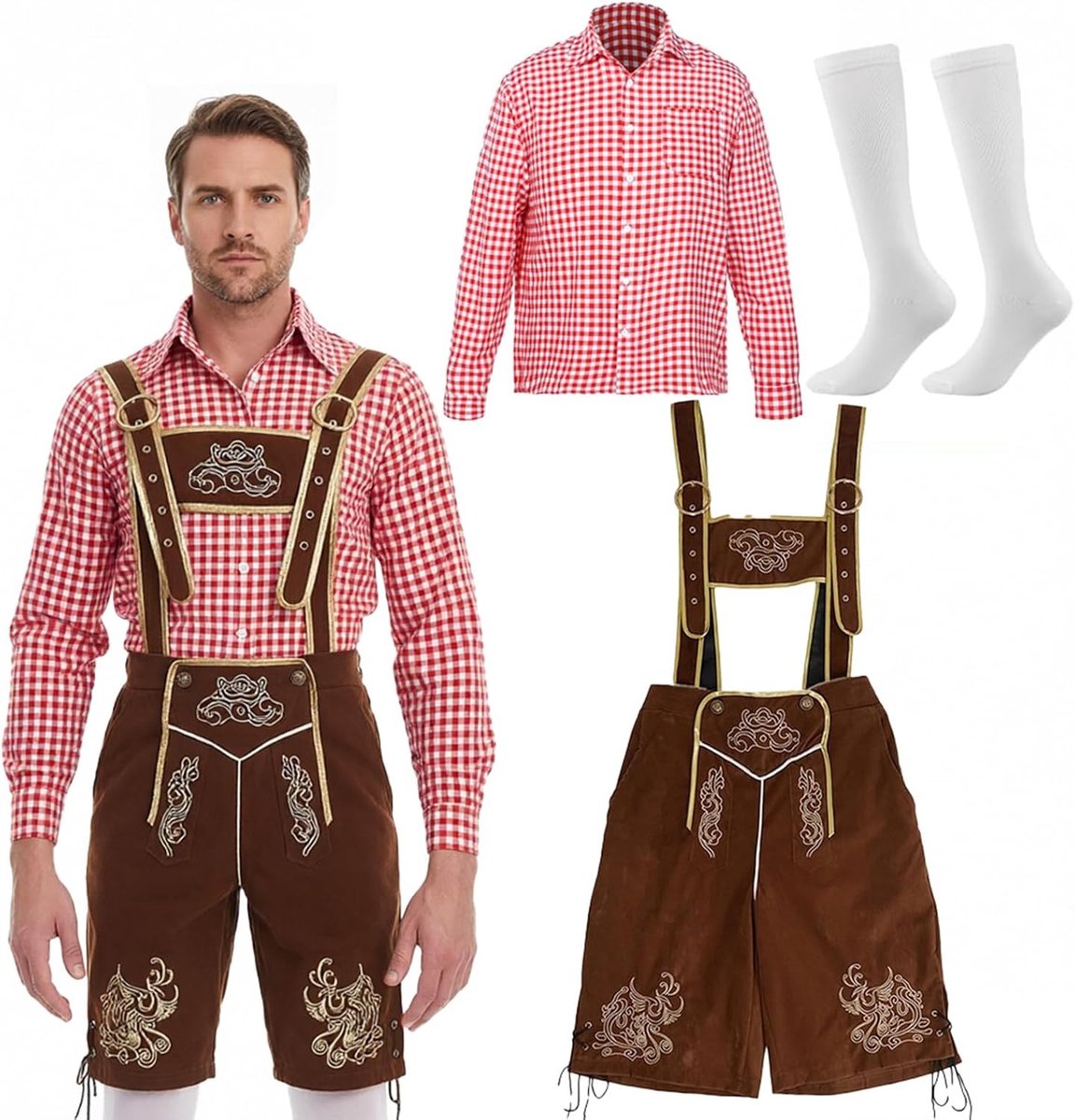 Traditionele Bavarian Kostuumset voor Mannen, 3-delig met Geruit Shirt, Fluwelen Broek en Oktoberfest Sokken voor Feestjes en Cosplay