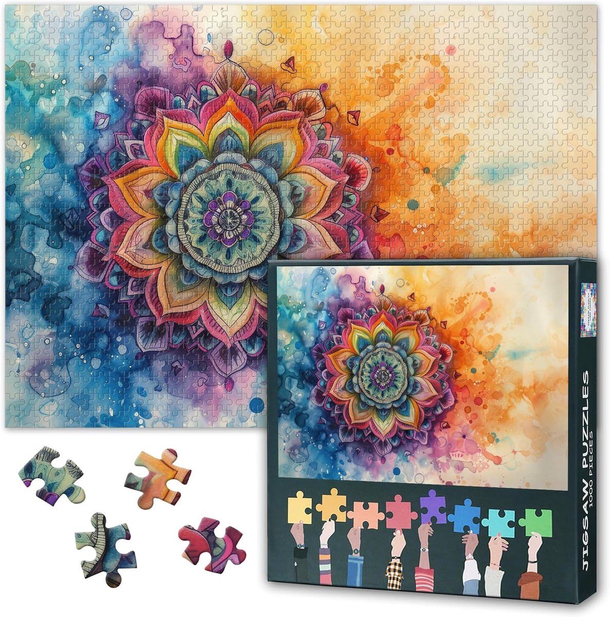 Puzzel voor volwassenen 70 x 50 cm - kleurrijke mandalakunst - aquarel boho-stijl - stressvermindering - ShopVlot