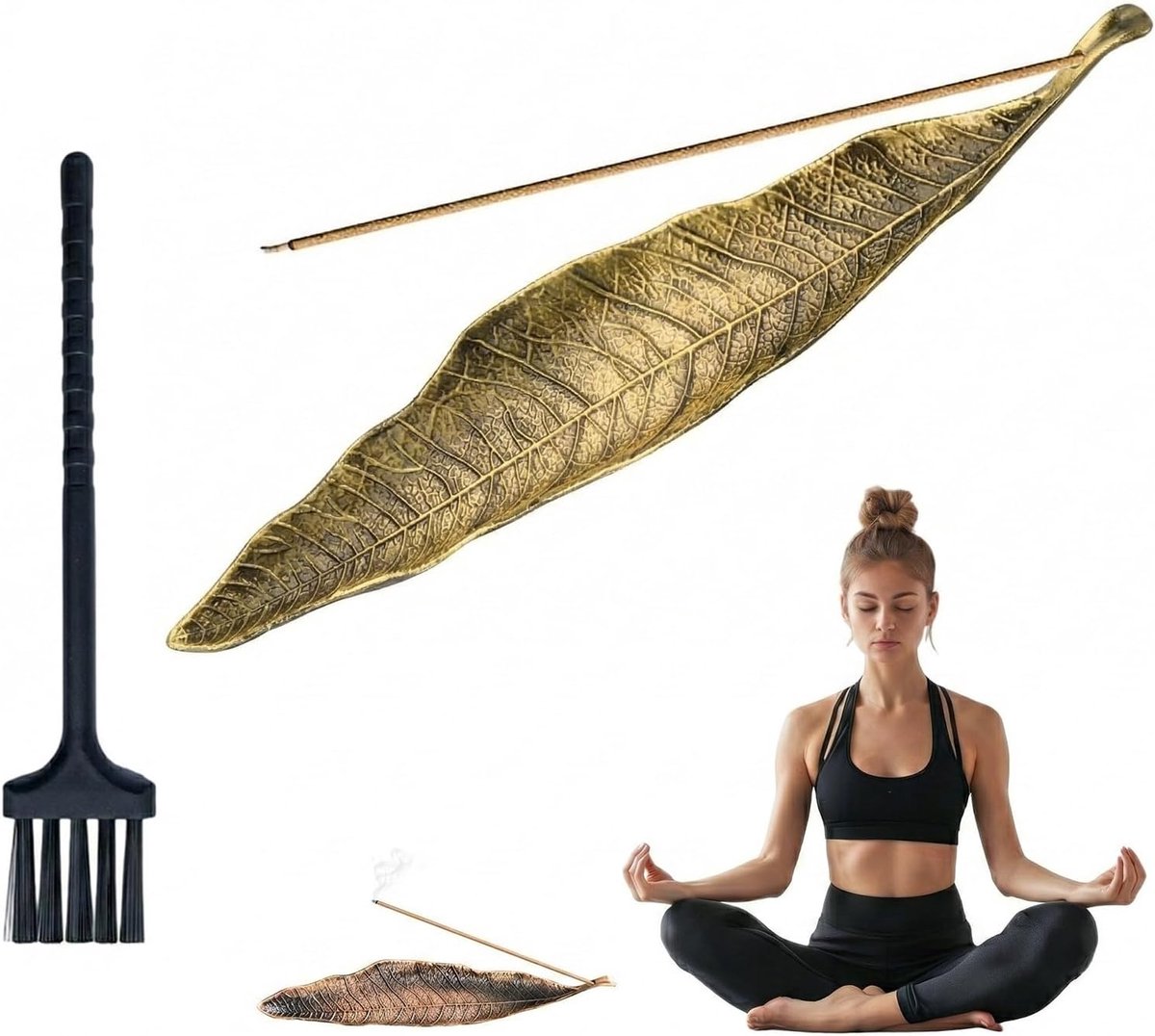 Incenshouder met bronzen spiraal - metalen bladeren - antiek blauw - perfect voor yoga en meditatie - ShopVlot