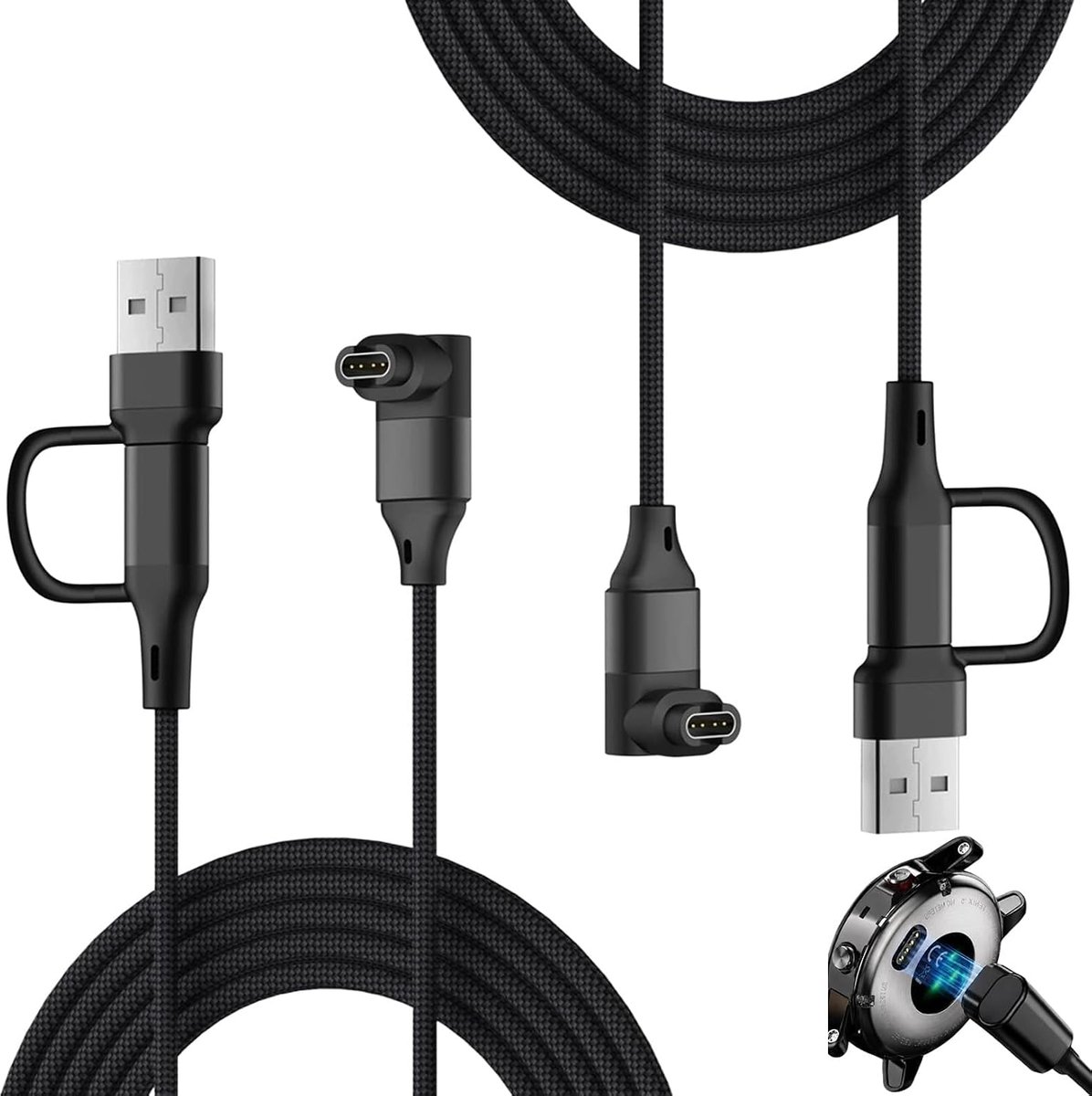 Oplaadkabel 2-in-1 1 m - nylon gevlochten zwart - L-vormig design - geschikt voor diverse smartwatches - ShopVlot