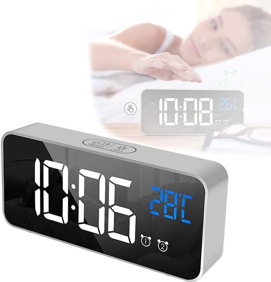 Digitale wekker met grote LED-temperatuurscherm - Draagbare spiegel - Dubbele snooze functie - ShopVlot