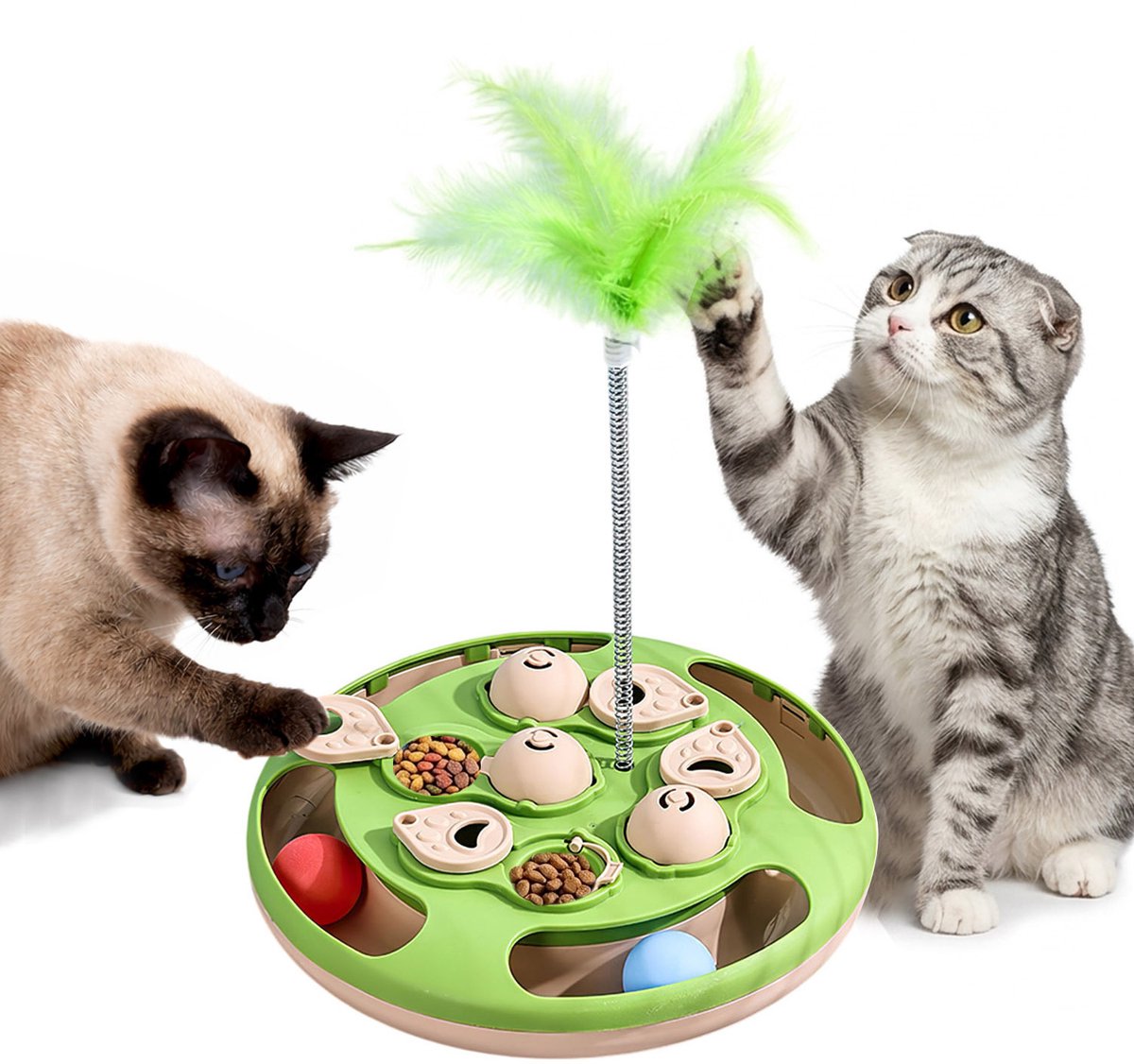 REFTTENW 3-In-1 Kattenpuzzel & Anti-Schrok Voerbak - Intelligentie Speelgoed Voor Katten En Kleine Honden - Met Ballen Circuit & Veerspeeltje - Tegen Verveling & Stress - 27.5 X 27.5 Cm