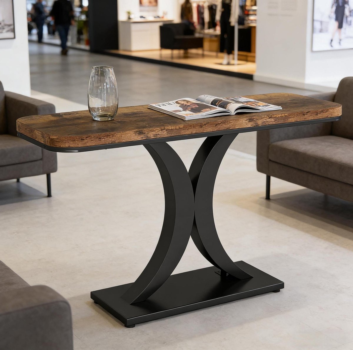 DESMIU Sidetable - Industrieel Design Met Houtnerf En Metalen Onderstel - Voor Hal Woonkamer En Entree - Hout Metaal - 100x30x82,5 Cm - Zwart En Rustiek Bruin