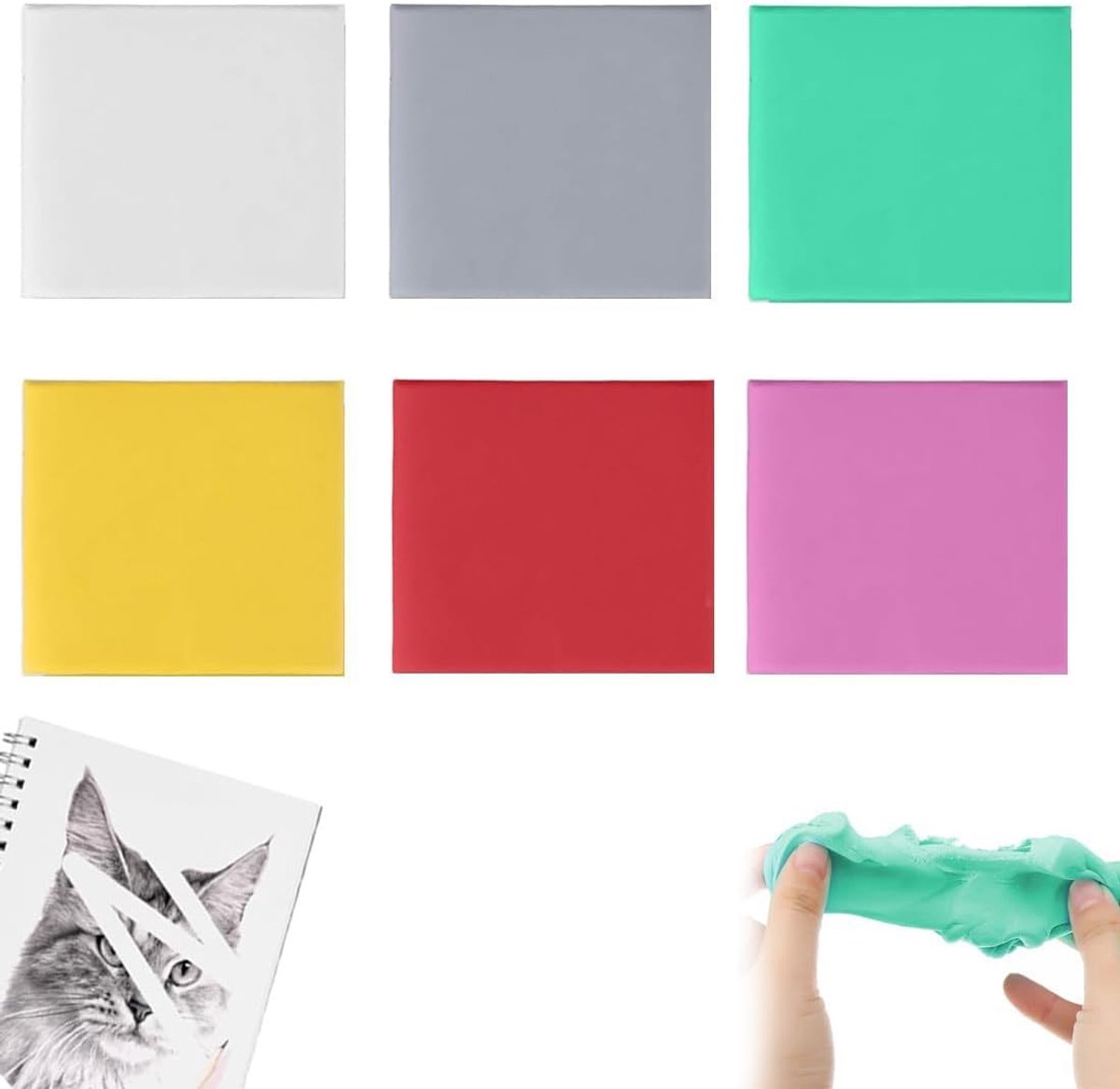 Gum voor kinderen, 6 stuks, zachte kneedgum, kleurrijk in paars, rood, geel, wit, groen, grijs, afmetingen 4 x 3,5 x 1 - ShopVlot