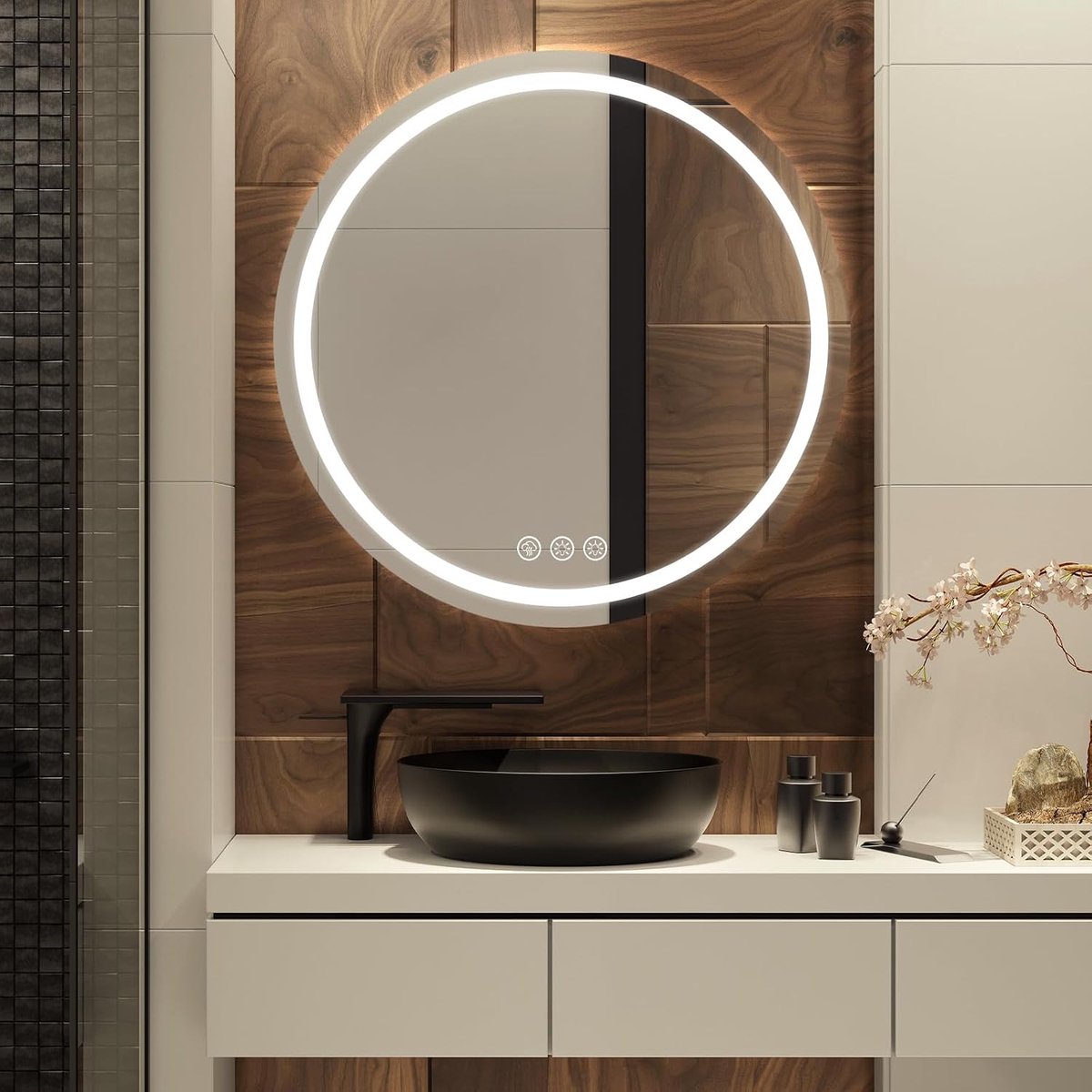 60 cm Round Bathroom Mirror with LED Lighting, Round Explosion-Proof Wall Mirror with Adjustable Brightness, 3 Light - ShopVlot