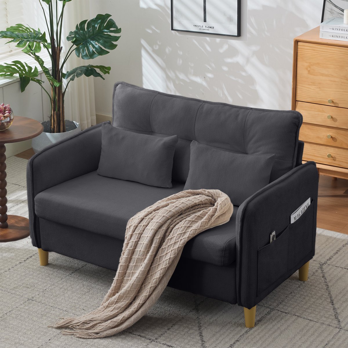 DESMIU Bank - 2-Zitsbank 127 Cm - Met Armleuningen En Zijvakken - Voor Woonkamer, Kantoor En Studie - Chenille - Donkergrijs
