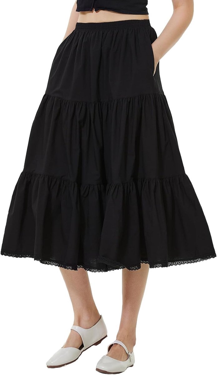 BEAUTELICATE Cotton Skirt Maxi Long Ladies Renaissance Medieval Skirt with Pockets Lace Peasant Skirt A-Line Elastic - ShopVlot