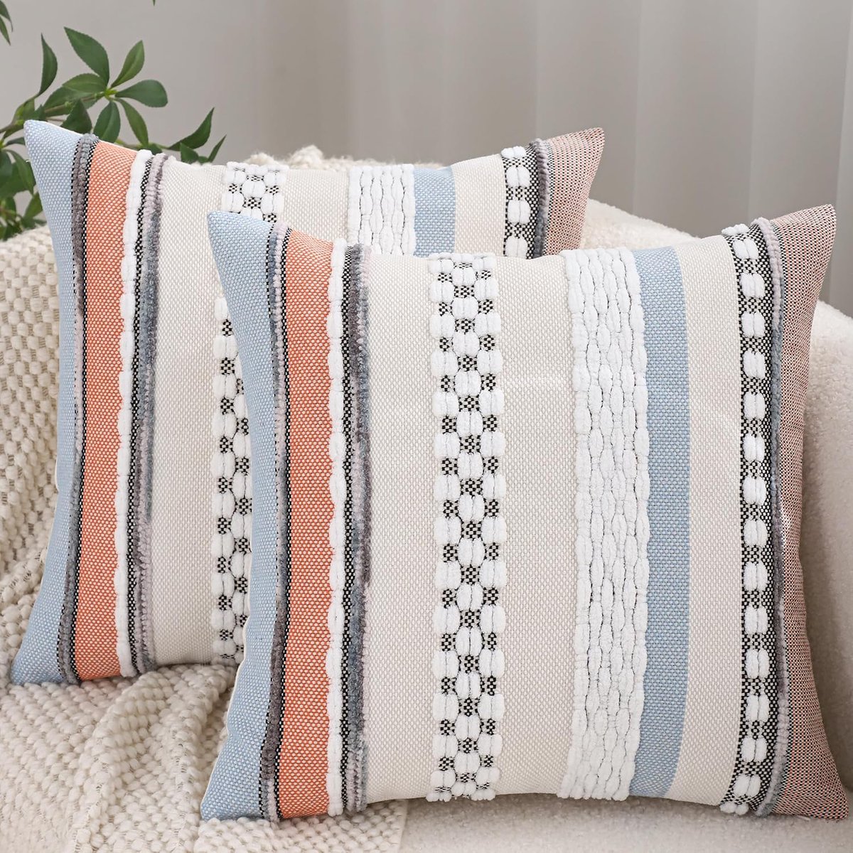 Tosleo Boho Throw Pillow Covers 18x18 Set of 2 Striped Decorative Pillowcases Accent Chenille Pillow Cases Farmhouse - ShopVlot