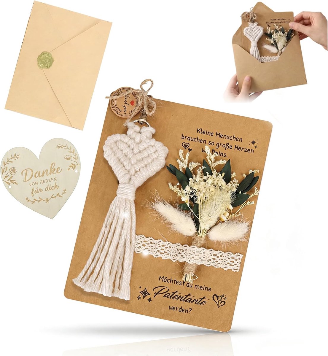 Peettante, persoonlijk cadeau voor zwangerschap en babyshower, sleutelhanger van macramé en gedroogde bloemen, wit - ShopVlot