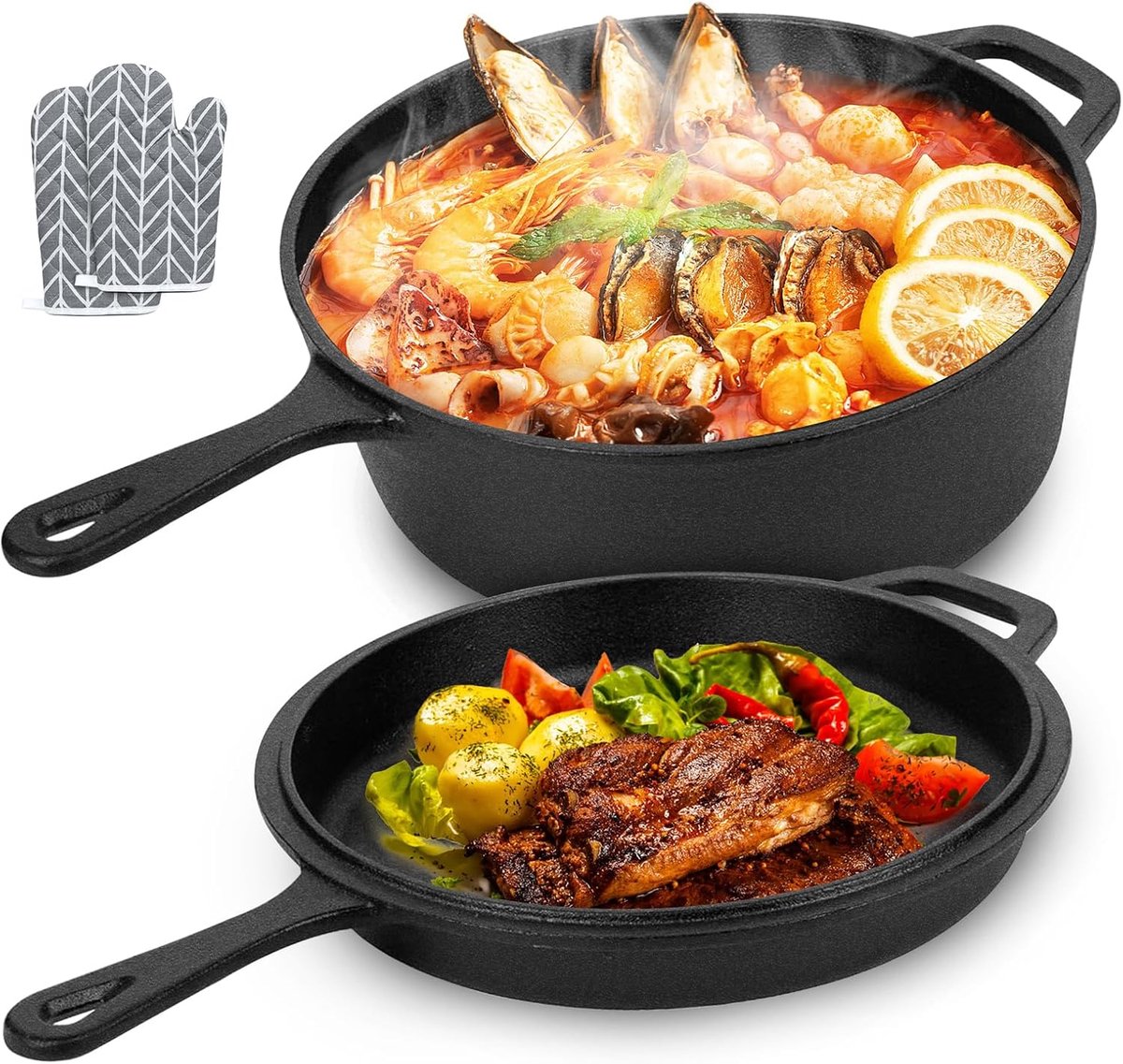 Cast Iron Cocotte 2-in-1 with Lid Pan Set + Pan Diameter 26 cm (4.5 L + 1.5 L) - Suitable for Oven and Induction - ShopVlot