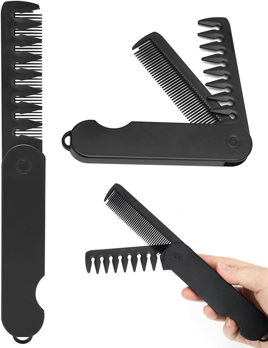 2pcs Small Foldable Hair Brush Travel Folding Comb Men's 3-in-1 Fine Teeth Wide Teeth Hair Comb for Hair and Mustache - ShopVlot