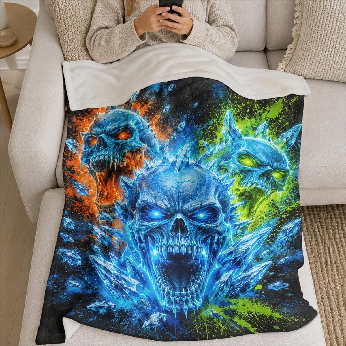 Schedel graffiti flanellen deken, coole knuffeldeken met ijs- en vuureffecten, fantasiedeken voor jongeren, 150 x 200 - ShopVlot