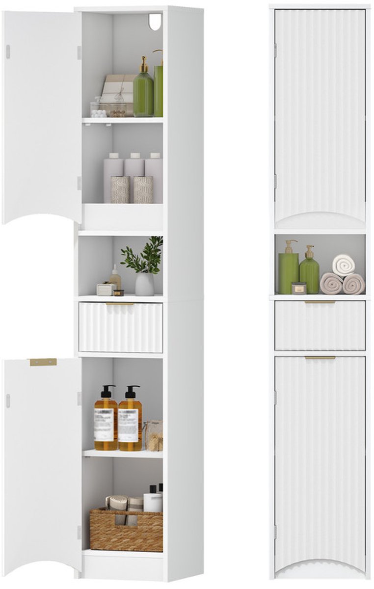 Hzuaneri Badkamerkast, Opbergkast met 2 deuren en 1 lade, Verstelbare planken, Ruimtebesparend voor kleine ruimtes, Badkamer, Woonkamer, 30 x 30 x 170 cm, Wit