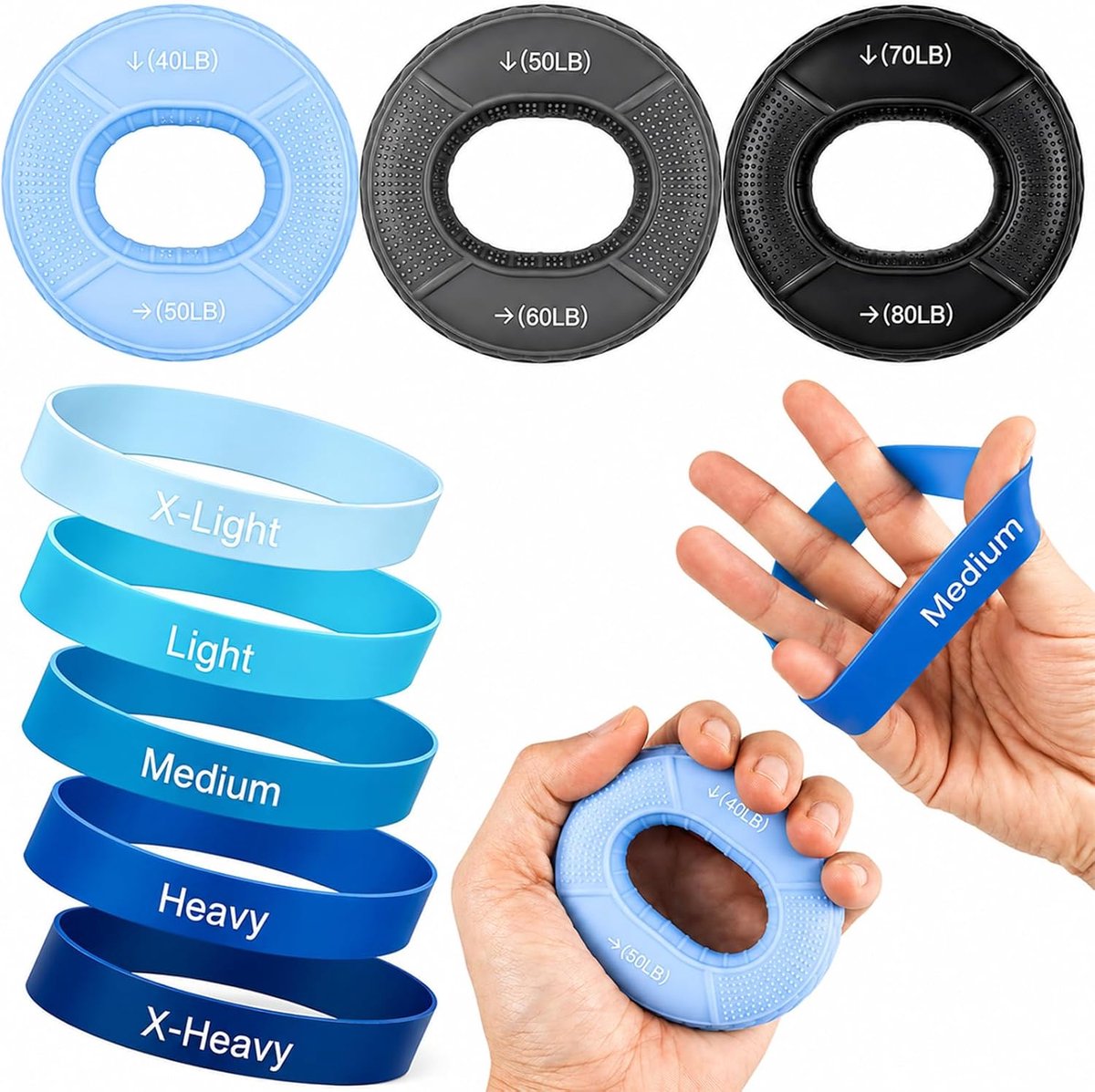 8-delige grijptrainer - hand grip krachttraining, vingertrainer & onderarmversterker met 3 grijpringen en 5 - ShopVlot
