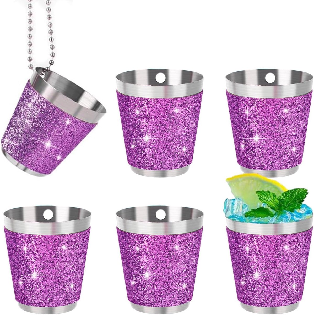 Pack of 6 Metal Shot Cups for Hanging, 30 ml, Stainless Steel Snuggle Cups with Chain Purple for Wedding Party - ShopVlot