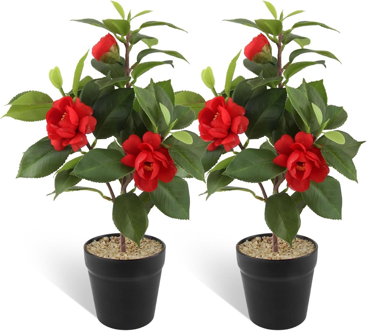 Pack of 2 artificial flowers in pot, artificial camellia artificial flowers as real fake flowers, red, Camellia - ShopVlot