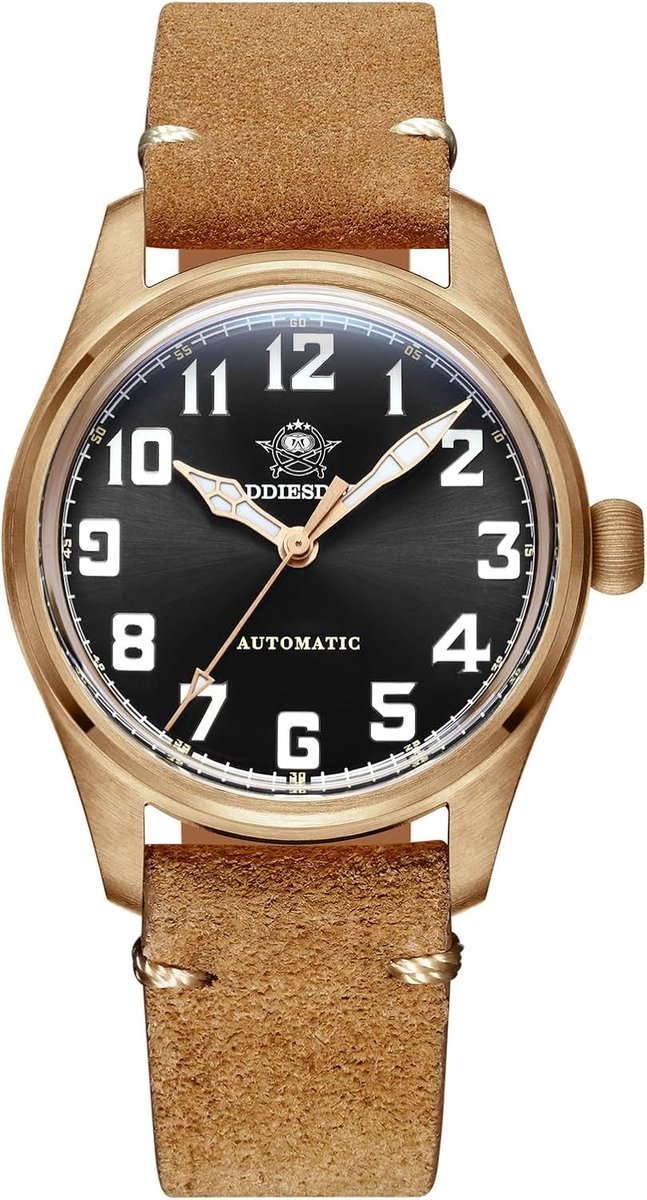 ADDIESDIVE Bronze Automatic Bronze Vintage Watch with Suede Strap AD2114 Black 75g Strap Black 75g Strap Black 75g - ShopVlot