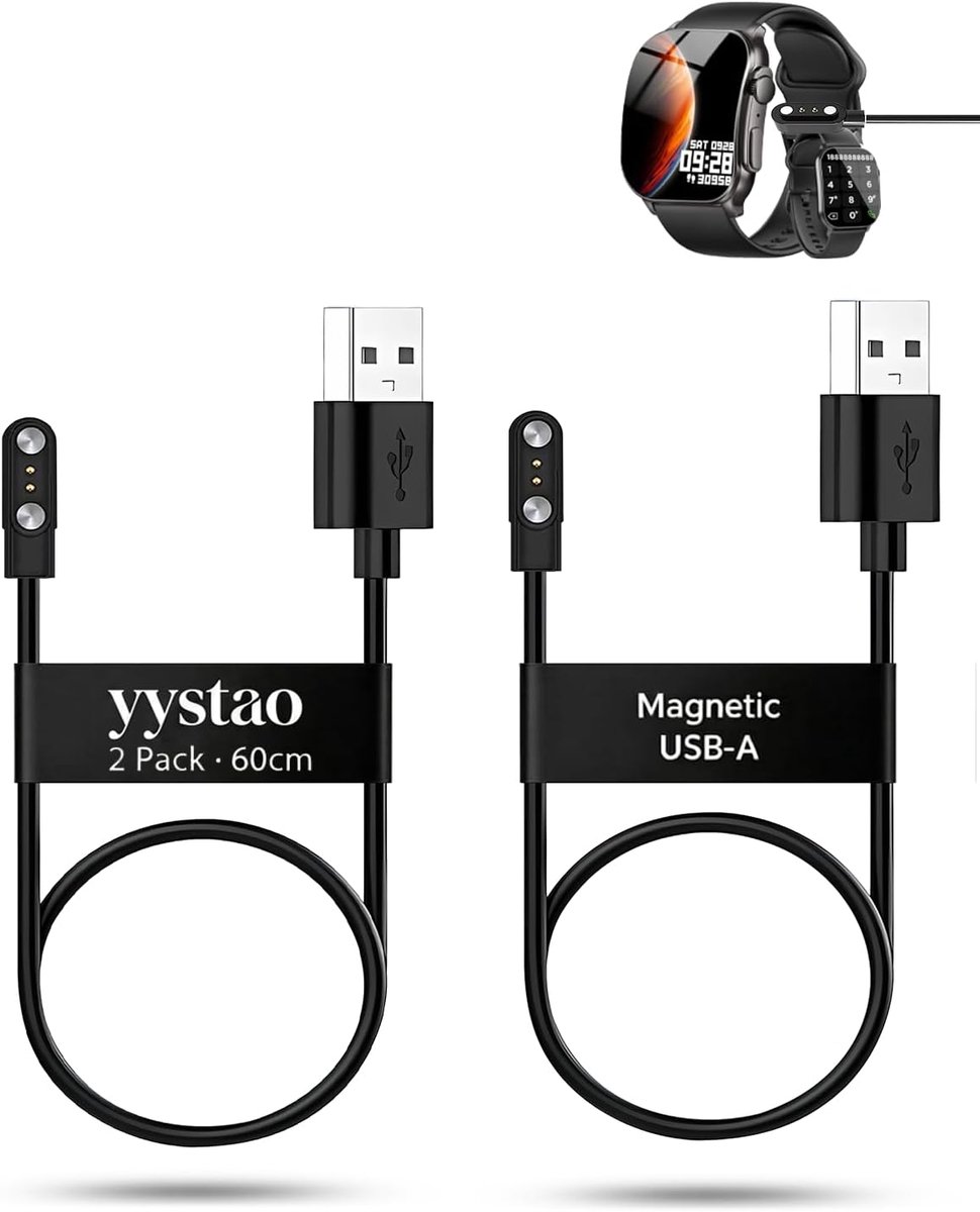 2 stuks oplaadkabels voor Poounur KW281A smartwatch 2,01 inch, stabiele magnetische USB-A vervangende oplaadkabel - ShopVlot