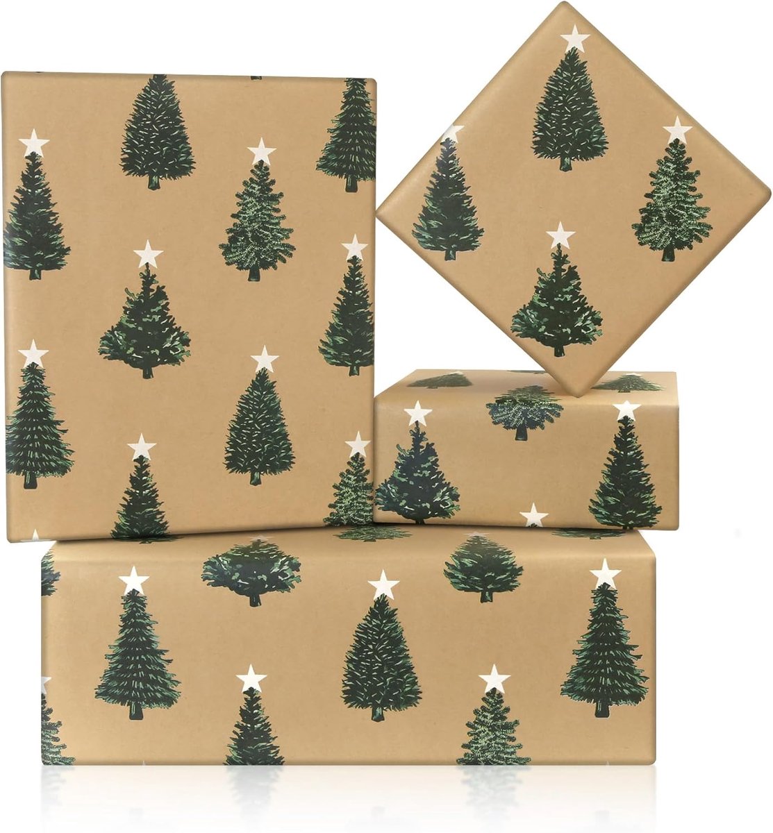 Kerstinpakpapier - mini-rol - bruin kraftpapier cadeaupapier kerstbomen en sterren ontwerp presentatieve verpakking - ShopVlot