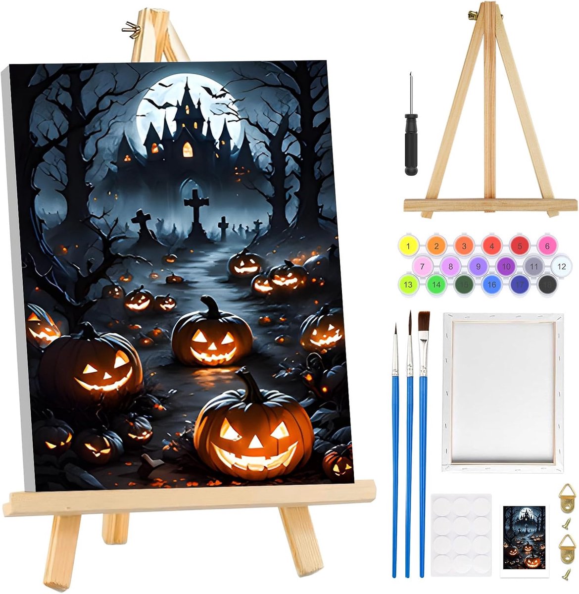 MOGTAA Halloween schilderen op nummer voor volwassenen beginners met frame, pompoenkasteel schilderen op nummer voor - ShopVlot