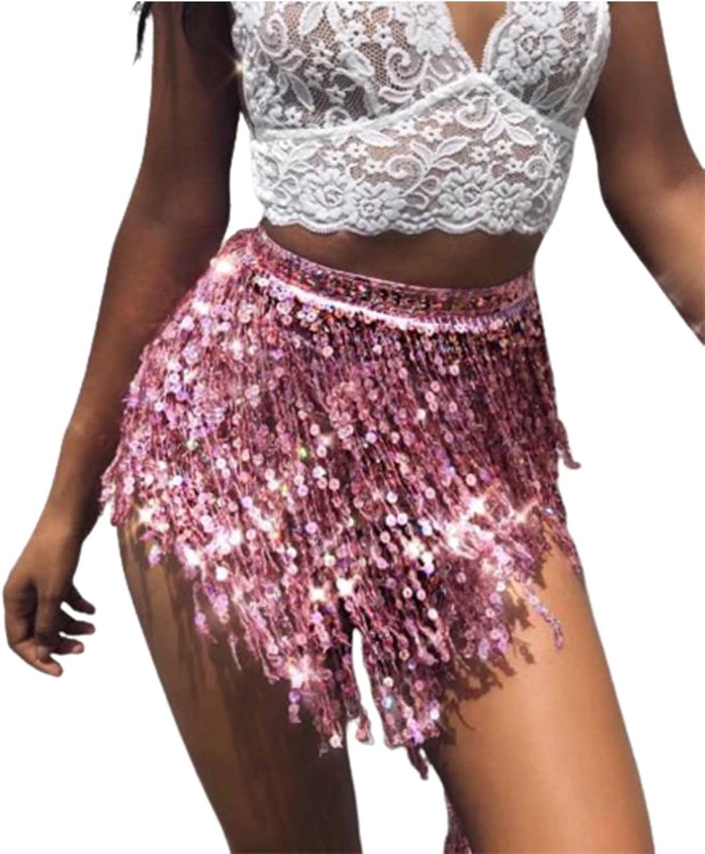 Sexy belly dance costume ladies fringes sequins skirt hip tassel hip cloth sparkle wrap rave costume, Purple Pink - ShopVlot