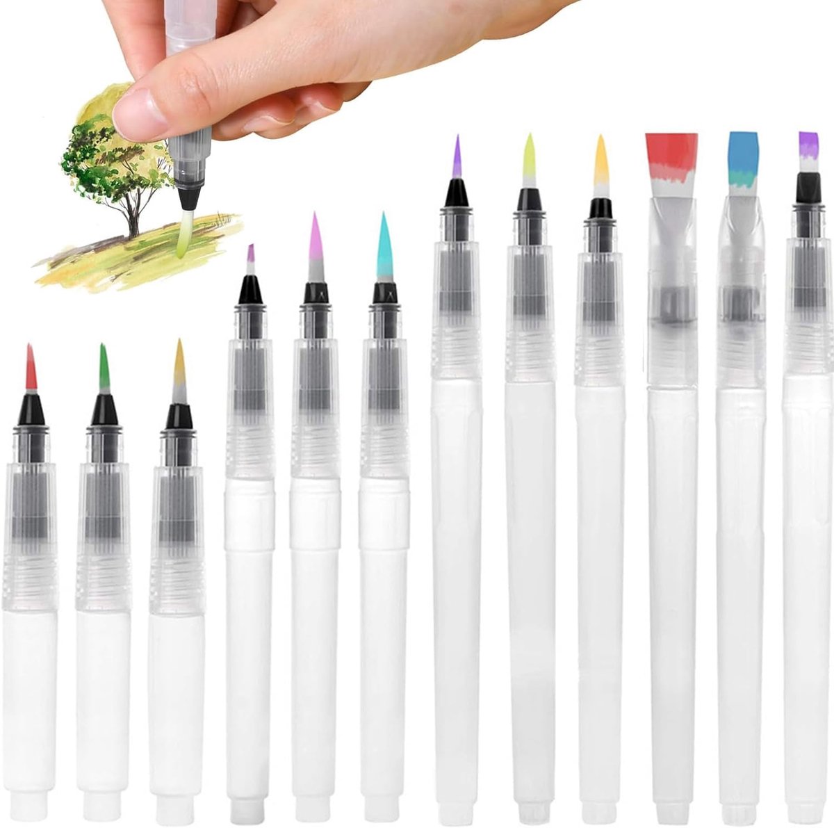 Watercolor pens set van 12 - grote watertank - verschillende puntmaten - ideaal voor schilderen - ShopVlot