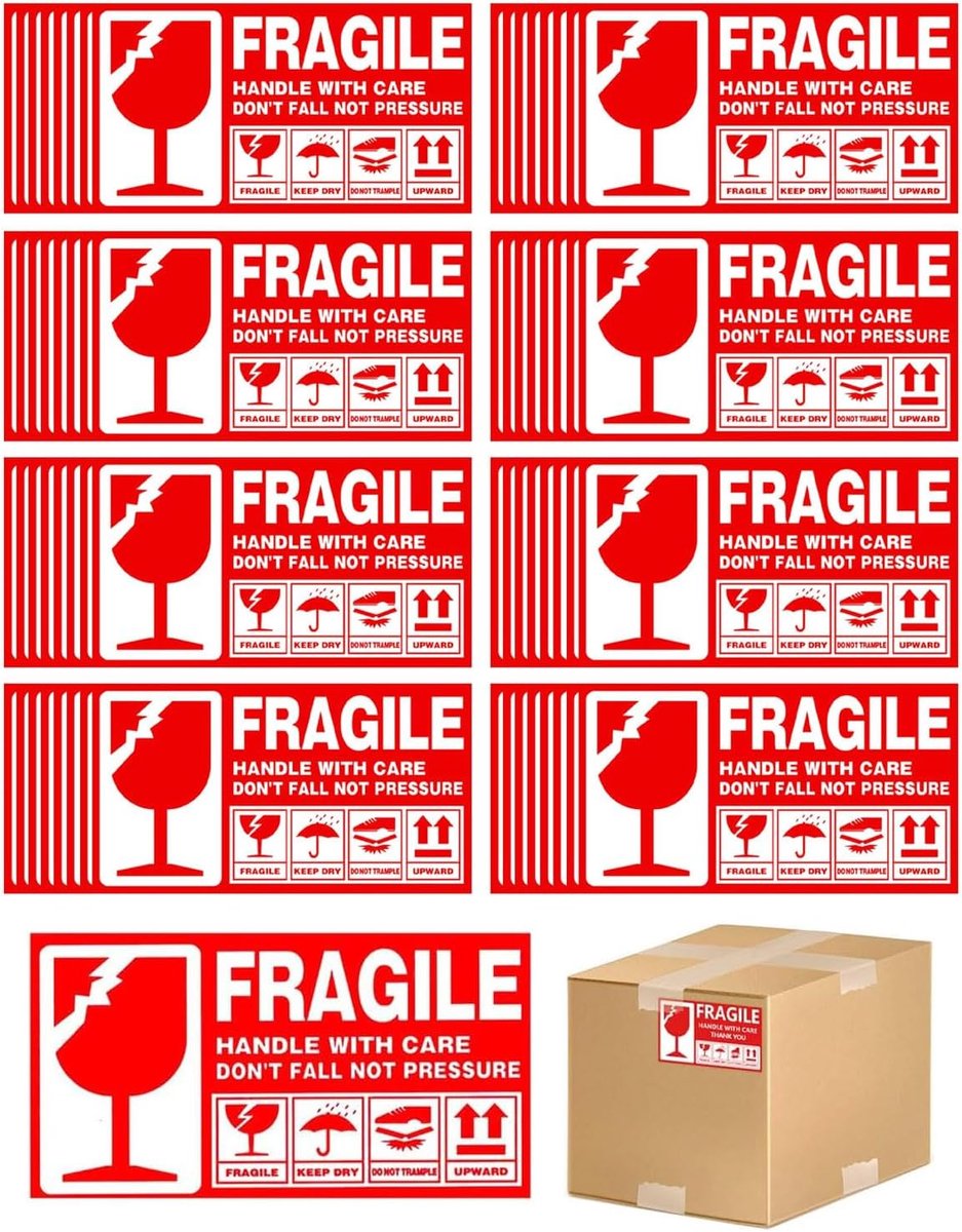 Waarschuwingslabels 50 stuks 15x9 cm - Zelfklevend met glas symbool - Waterdicht - Ideaal voor pakketverzending - ShopVlot